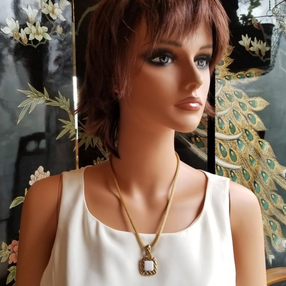 Gold White Formal Square Pendant Necklace